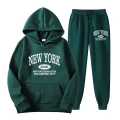 European And American Men's Hoodie Sweater Suit Fashion Printed Two-piece Suit - Dark Green - View 1