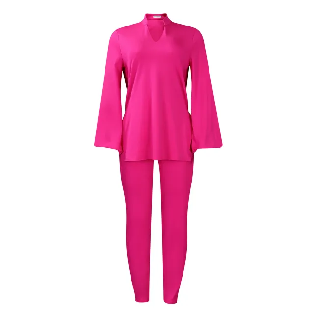 Solid Color Plus Size V neck Long Sleeve Top Pants Suit Rose Red - Shop at LoveMi