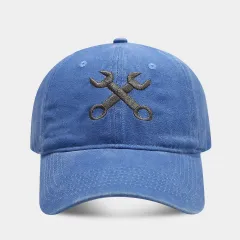 Vintage Distressed Wrench Repairman Hat Soft Top Breathable Washed Peaked Cap - Blue - View 1