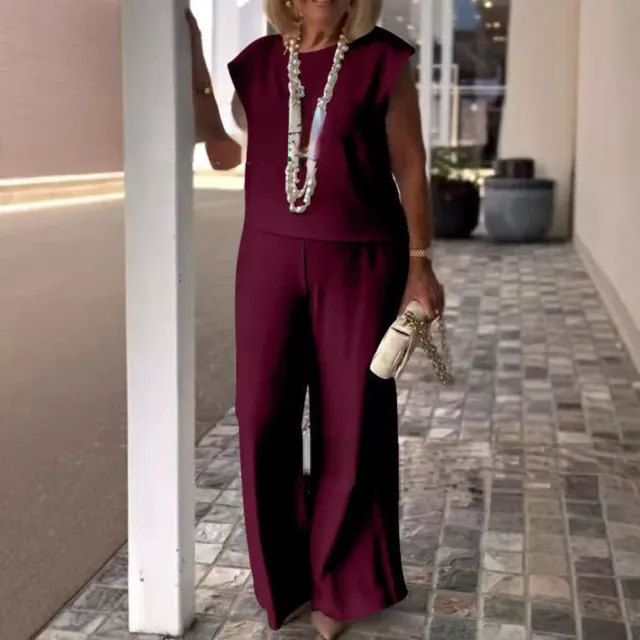 Women's Solid Color Round Neck Sleeveless Top And Trousers Suit Red - Shop at LoveMi