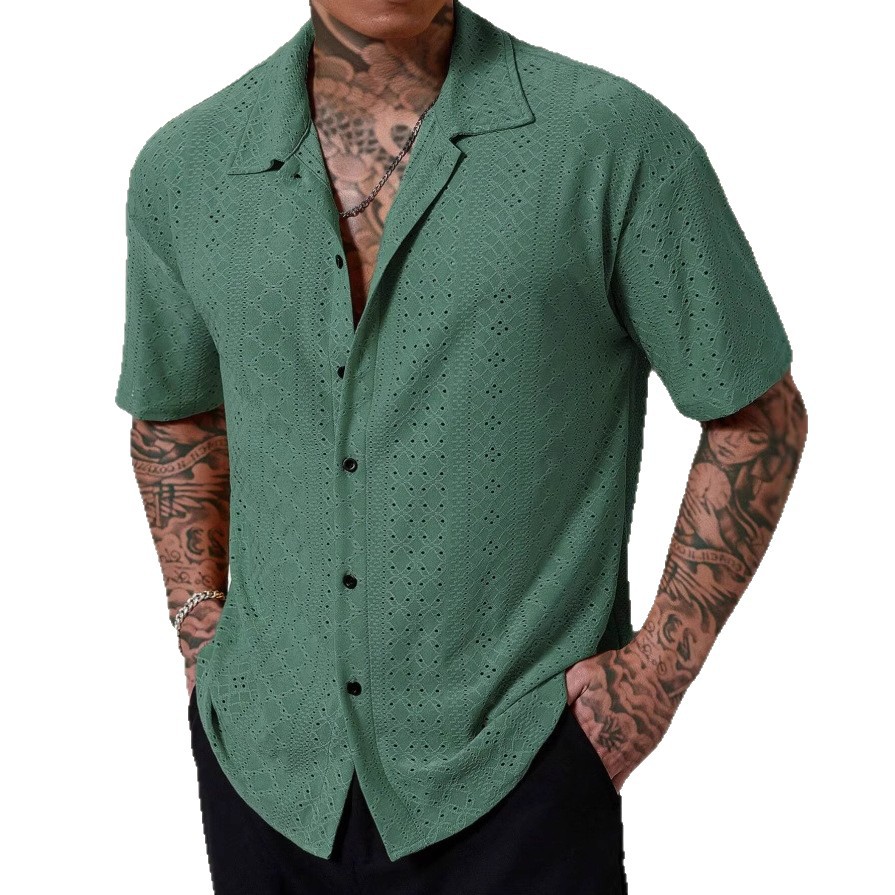 Mens Versatile Hollow-Out Jacquard Casual Shirt