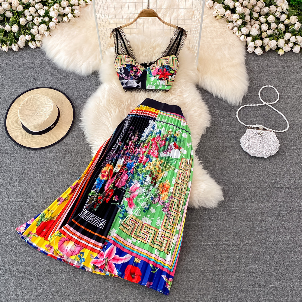 Women's Fashionable Elegant Lace Splicing Sling Top Two piece Set Green - Shop at LoveMi