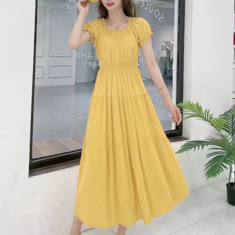 Solid Color Wide Hem Cotton Silk Vacation Style Long Bohemian Dress Yellow - Shop at LoveMi