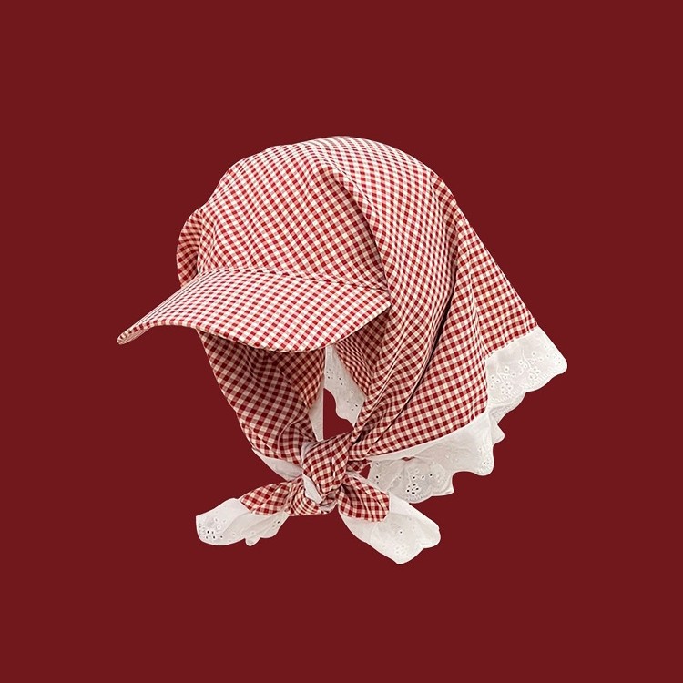New Japanese-style Fresh And Chic Plaid Lace-trimmed Headscarf With Tie For Women