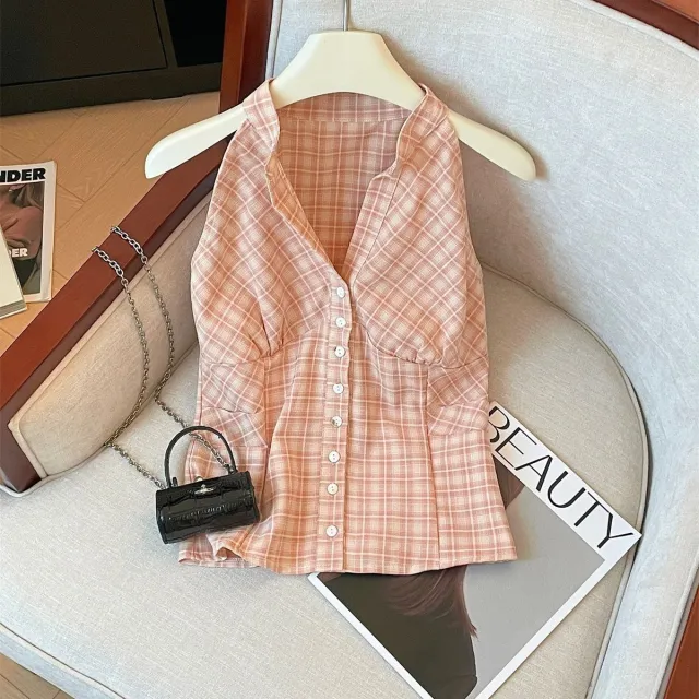 Sweet V neck Tube Top Beautiful Shirt Pink Plaid - Shop at LoveMi