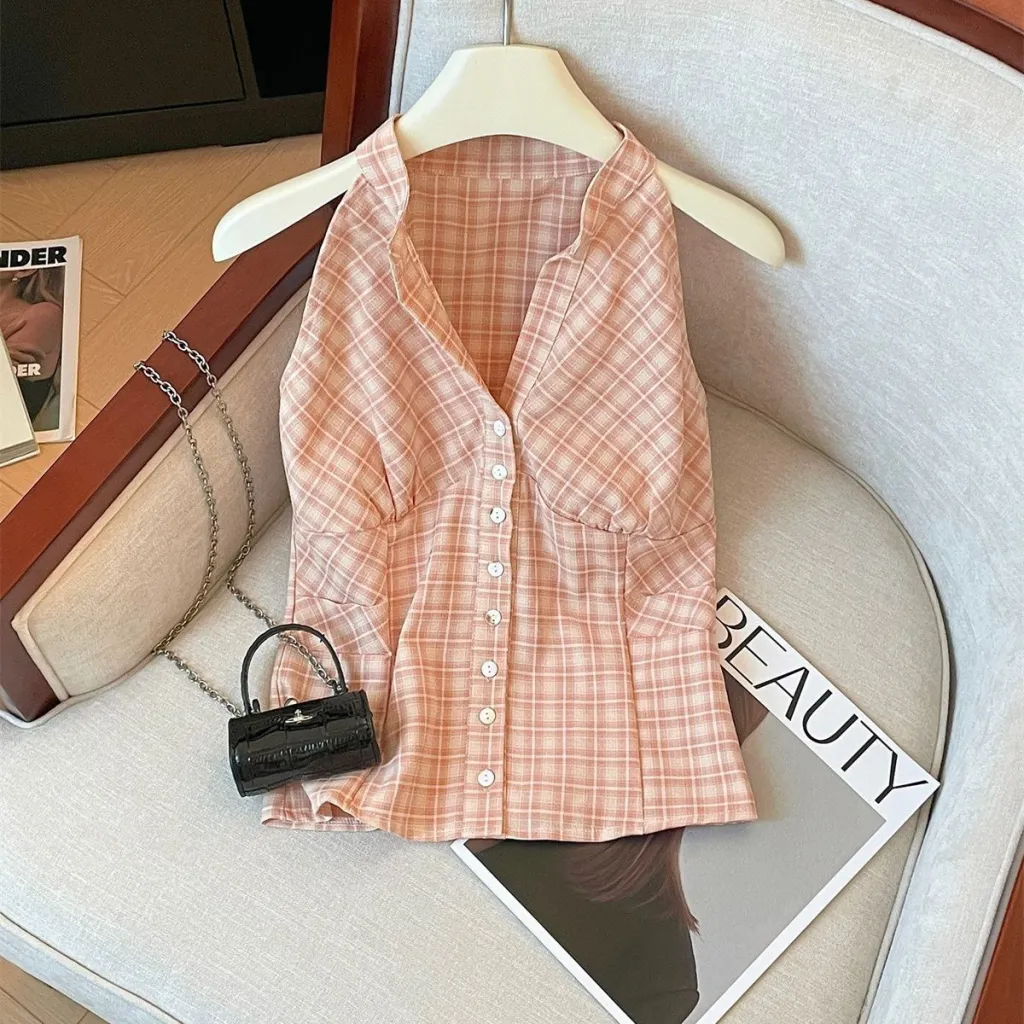 Sweet V-neck Tube Top Beautiful Shirt - Pink Plaid