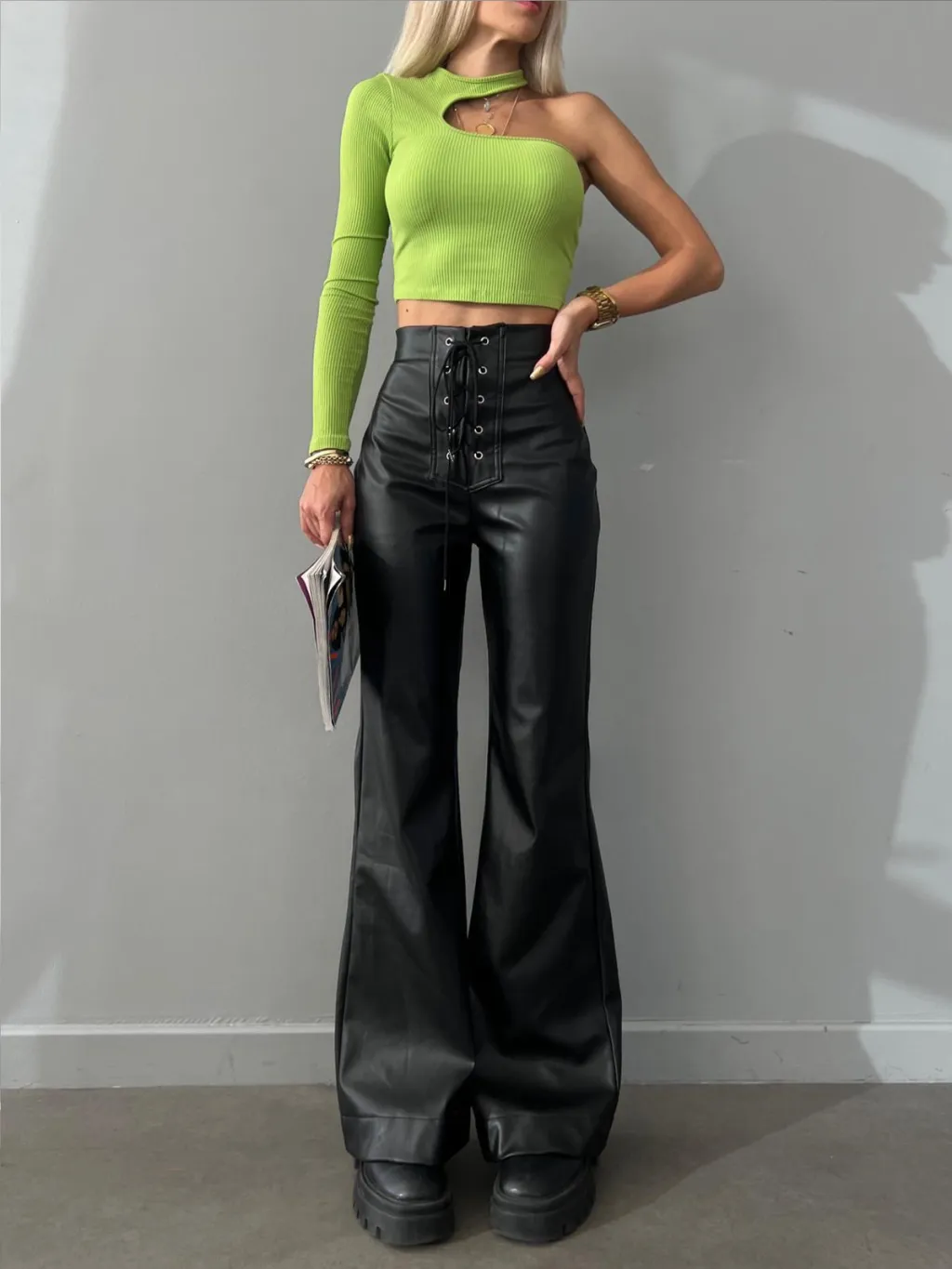 Women's Leather High Waist Stretch Metal Hole Lace-up Pants - Black