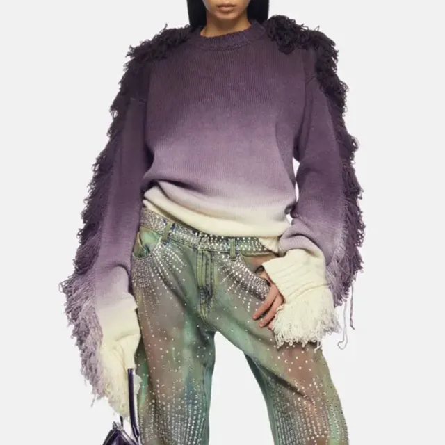 Gradient Color Tassel Knitted Outerwear Top Purple - Shop at LoveMi
