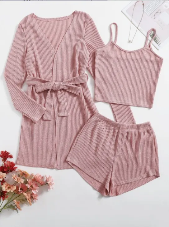 Lady Temperament Casual Solid Color 3 piece Set Suspender Shorts Homewear Suit Lotus Pink - Shop at LoveMi