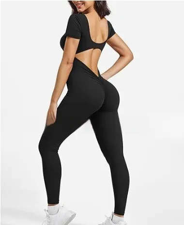 Tight Short Sleeve Rompers Sports And Fitness Running One-piece Trousers Yoga Clothes - Black