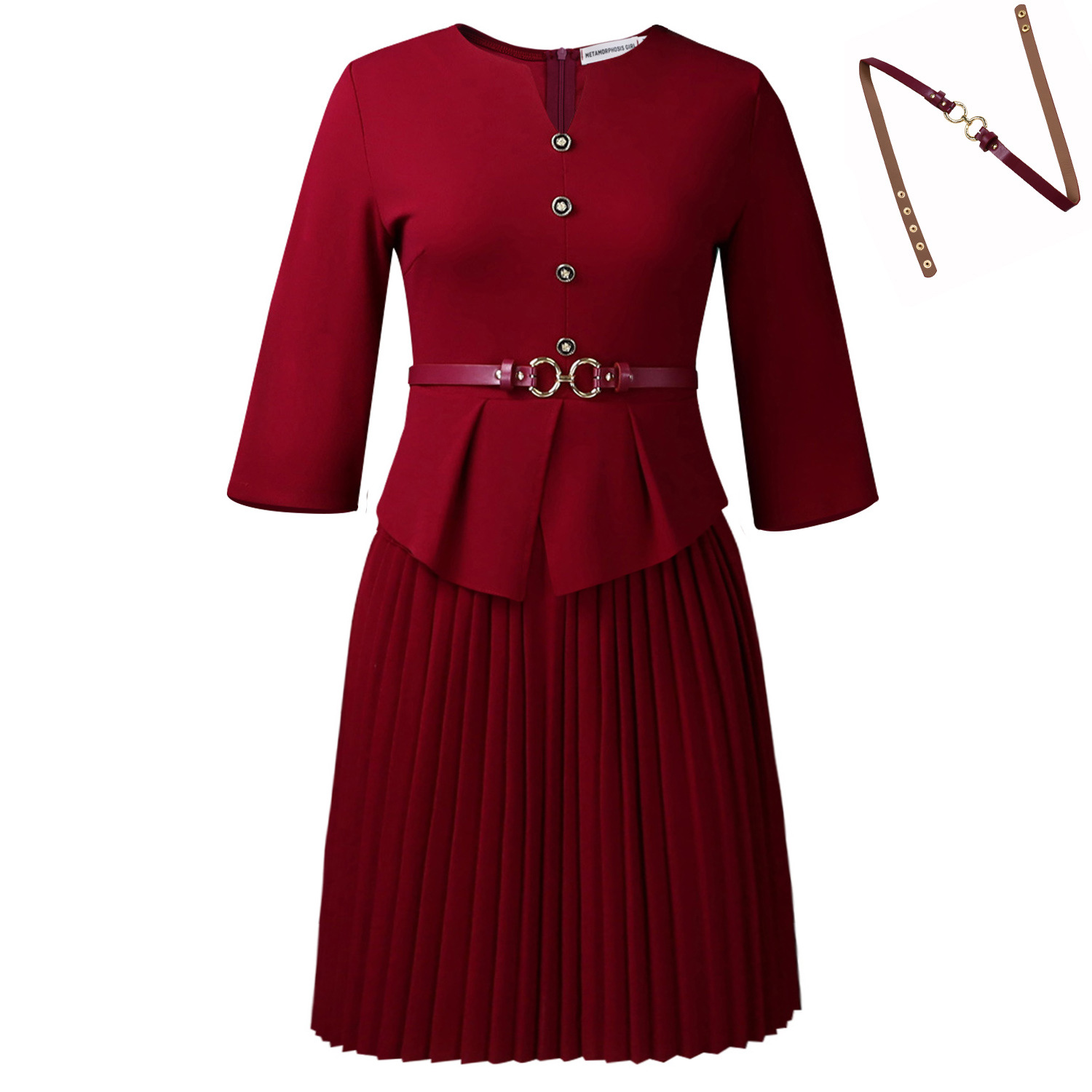 Fashionable Elegant Pleated Dress For Women Wine - Shop at LoveMi