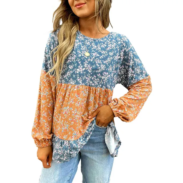Women's Round Neck Digital Printed Floral Chiffon Shirt Orange - Shop at LoveMi
