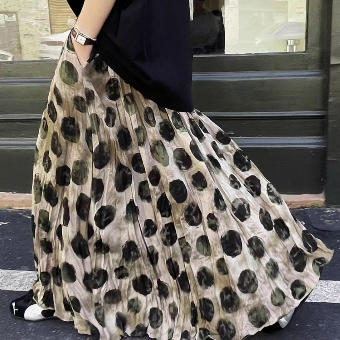 Polka-dot Long Dress High-waisted Plus-size With Pleats And A Flowing A-line Silhouette
