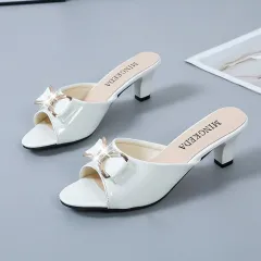 Summer New Stiletto Mid-heel Fish Mouth Bow Word Women's Slippers - White - View 1