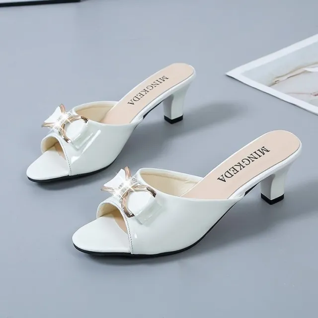 Summer New Stiletto Mid heel Fish Mouth Bow Word Women's Slippers White - Shop at LoveMi