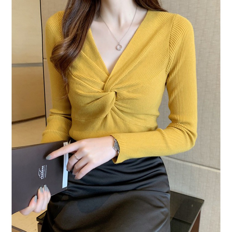 秋冬装新款扭结设计修身羊毛针织衫女v领上衣内搭毛衣打底衫