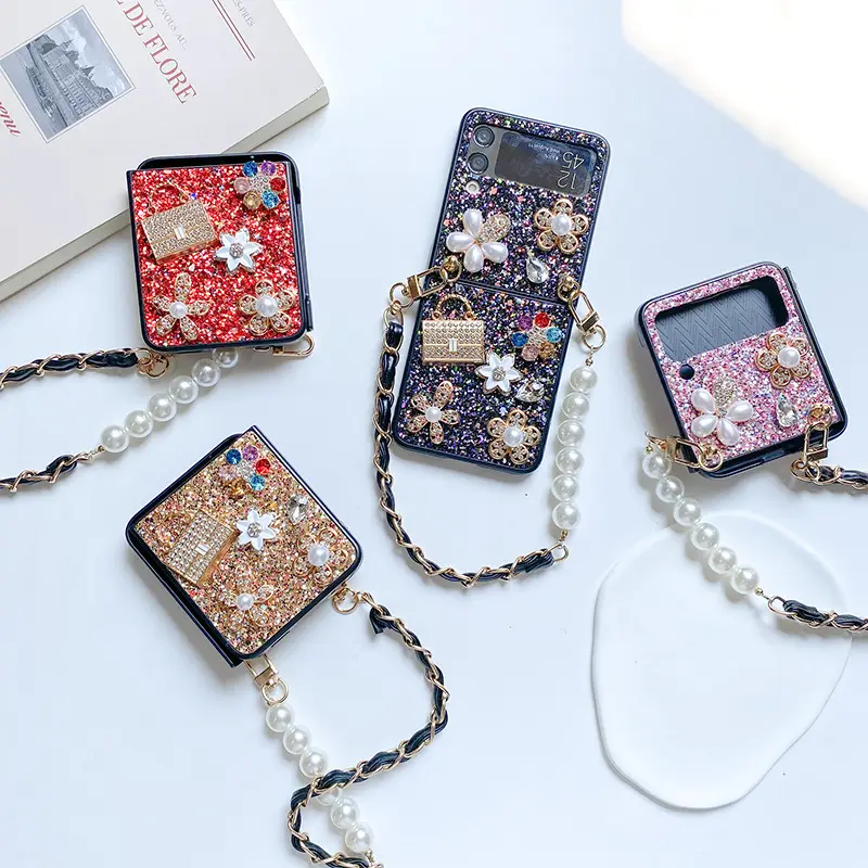 Female Flower Sequin Rhinestones Pearl Foldable Screen