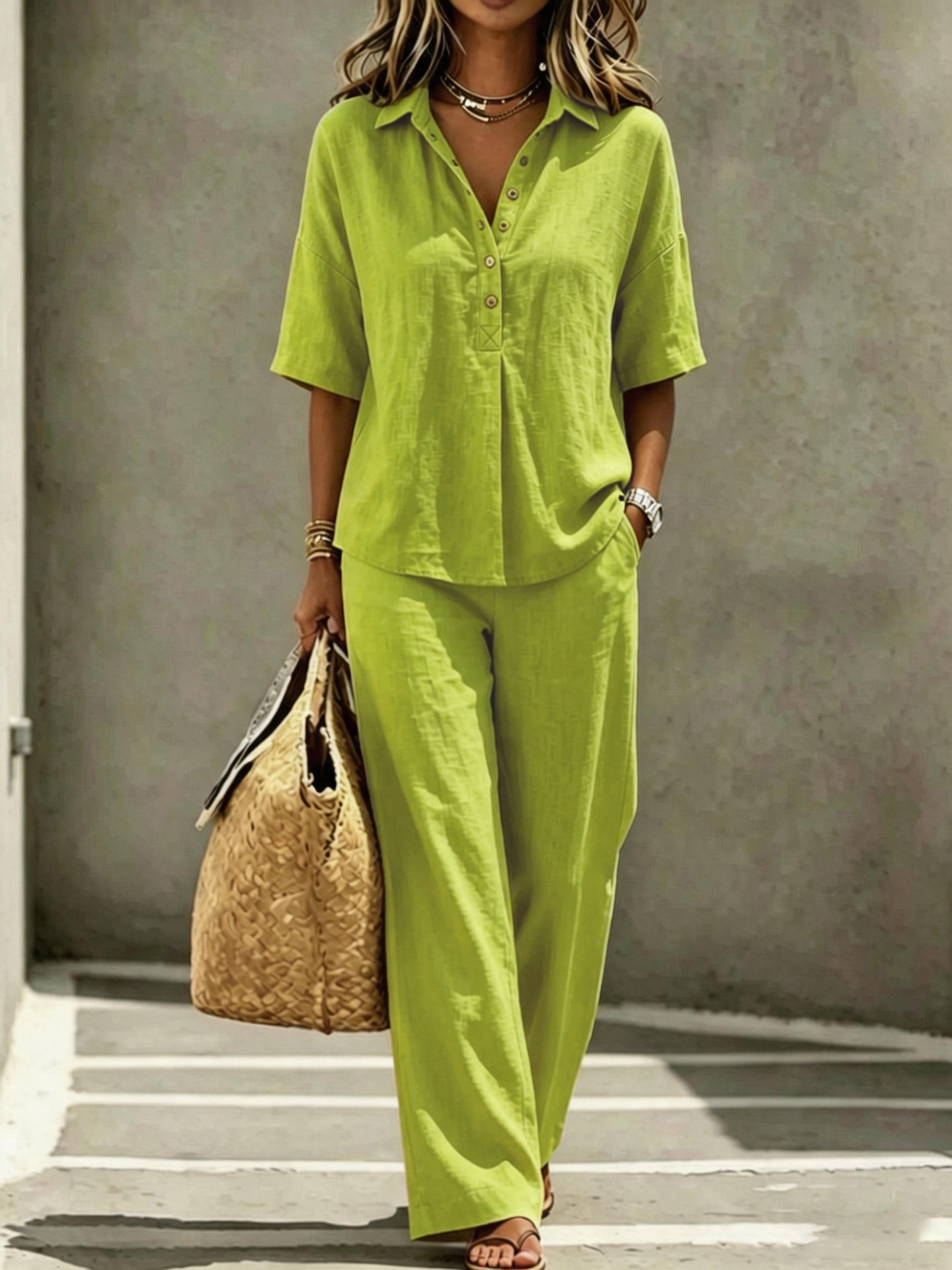Women's two-piece set in yellow green – side view