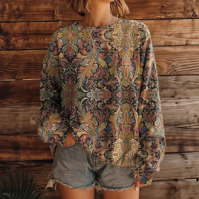 Long Sleeve Round Neck Loose Retro Style Sweater Brown - Shop at LoveMi