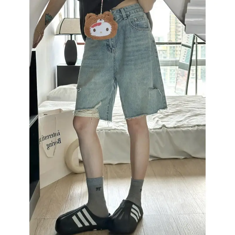 Slimming Ripped Denim Shorts High-waisted Straight-leg