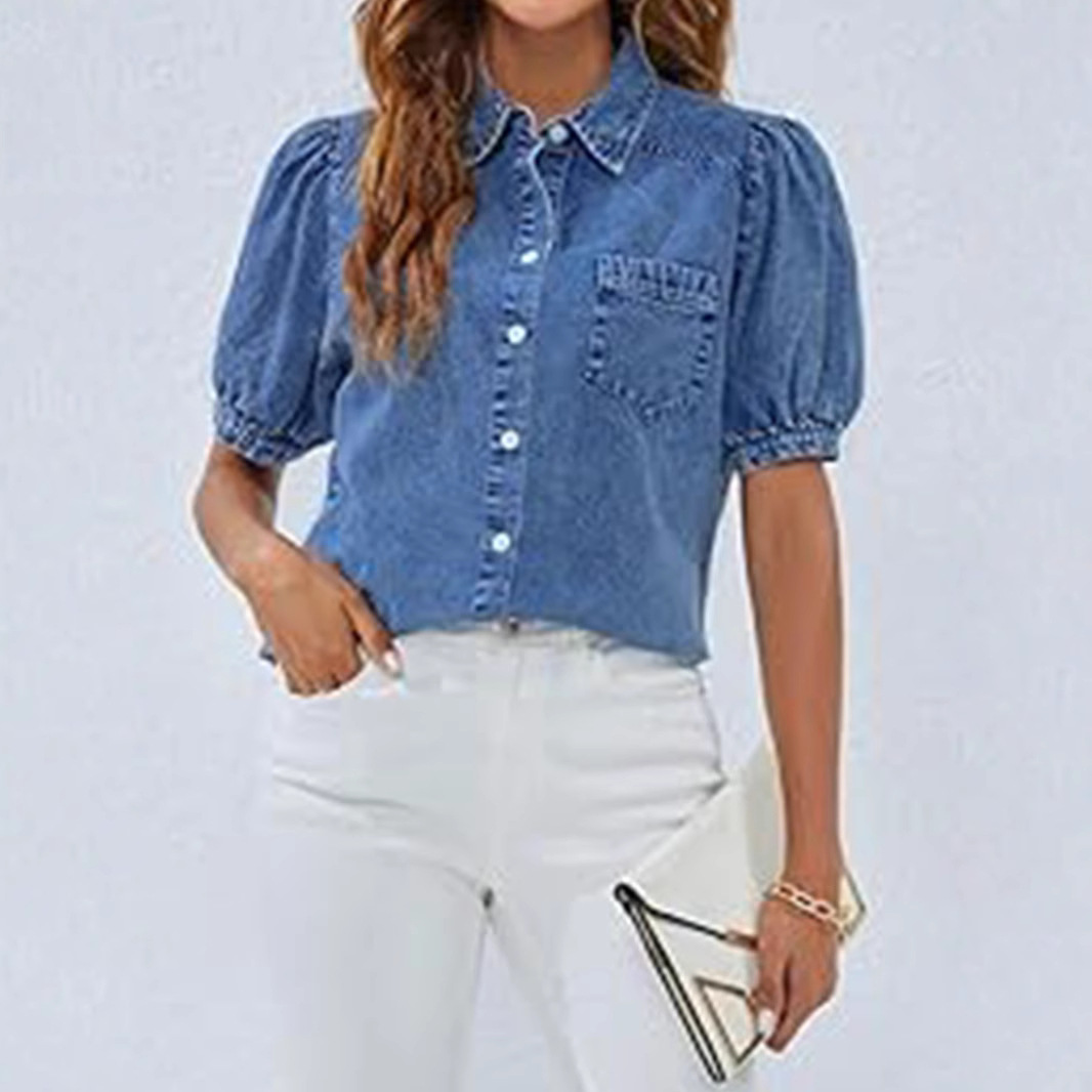 Turn-down Collar Slim-fit Denim Shirtversatile And Casual