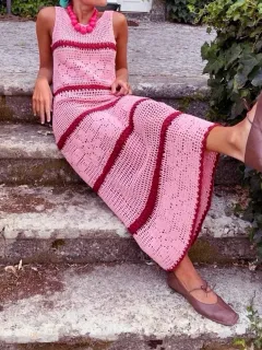 Knitted Sweater Contrast Color Vest Hollow Dress - Pink - View 1