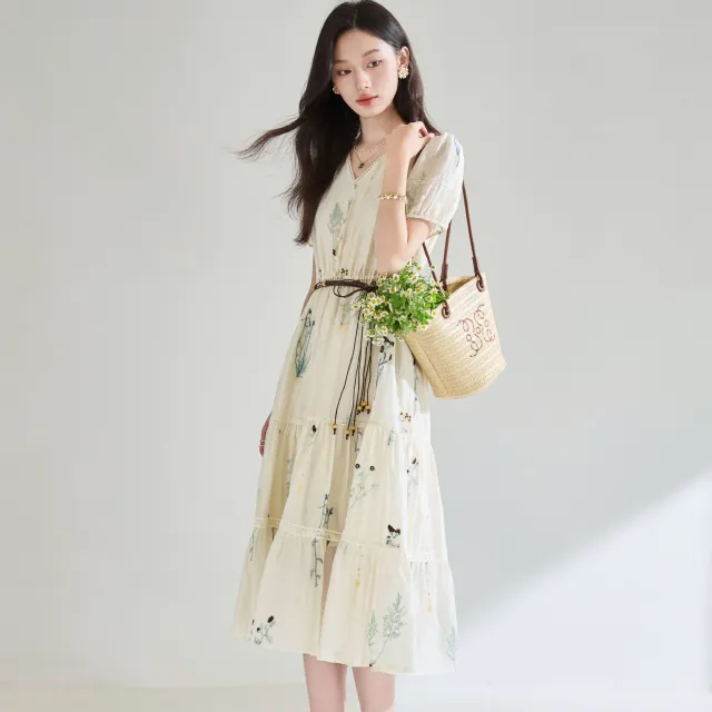 French Heavy Industry Plant Embroidery Tencel Pleated Texture Stitching Design Mid length Dress Beige - Shop at LoveMi