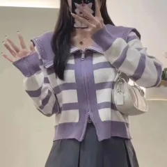Sailor Collar Striped Sweater Coat Design Sense Niche Hot Drilling - Purple - View 1