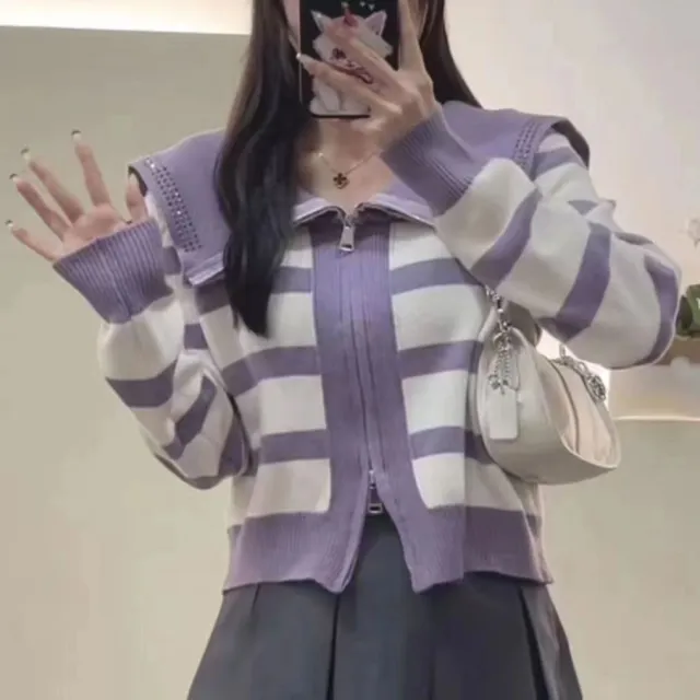 Sailor Collar Striped Sweater Coat Design Sense Niche Hot Drilling Purple - Shop at LoveMi