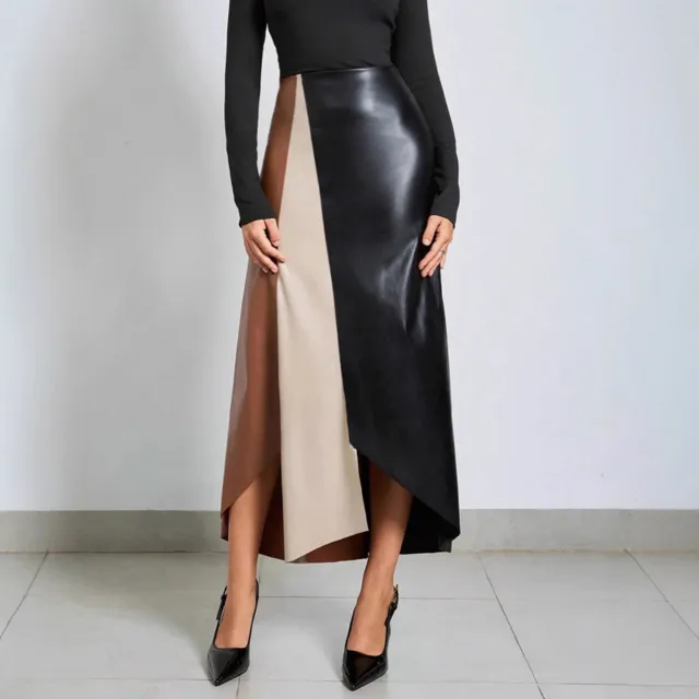 PU Colorblock Leather Skirt High Waisted Zipper Midi Skirt Black - Shop at LoveMi