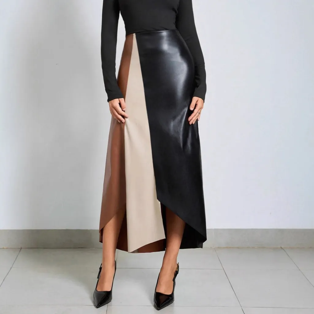 PU Colorblock Leather Skirt High-Waisted Zipper Midi Skirt - Black