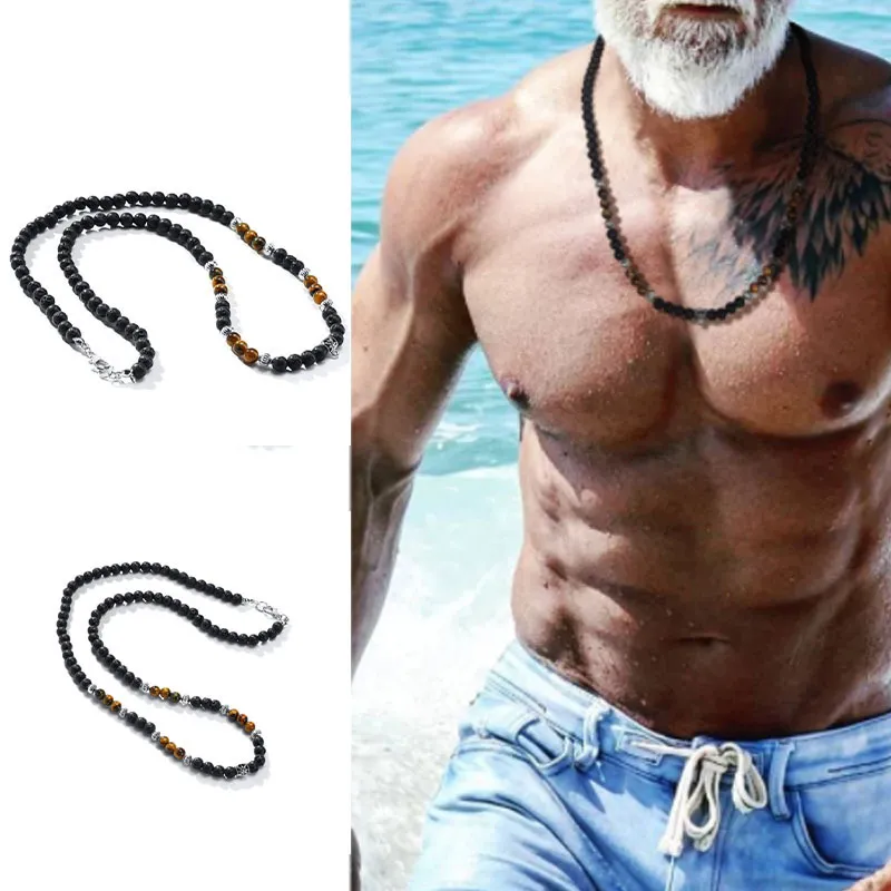 Volcanic Rock Black Matte Ethnic Style Necklace Men