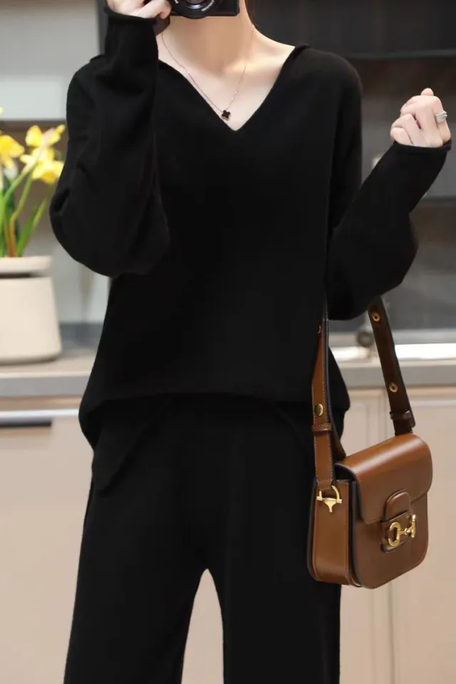 Korean Style Idle Style Hooded Top Casual Wide Leg Pants Knitting Suit Black - Shop at LoveMi