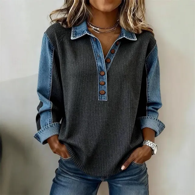 New AutumnWinter European And American Style Denim Patchwork Turn Down Collar Loose Ribbed Sweater Blue - Shop at LoveMi