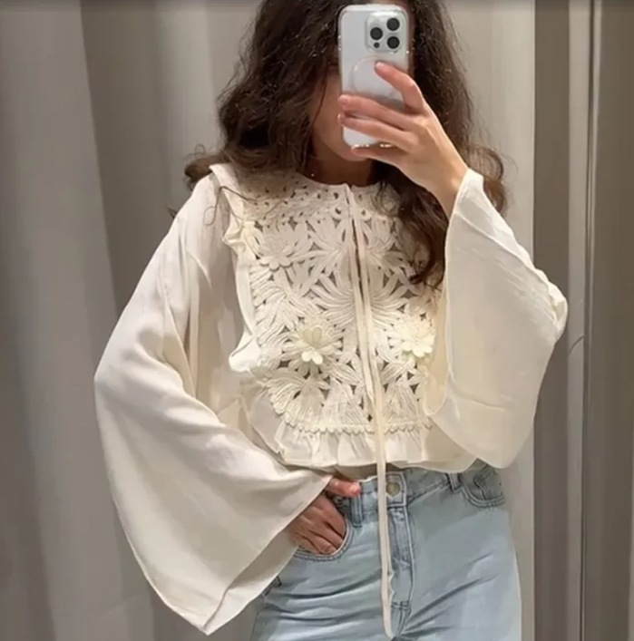 Hollow Embroidered Bell Sleeve Shirt Skirt Outfit Bell Sleeve Top - Shop at LoveMi