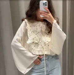 Hollow Embroidered Bell Sleeve Shirt Skirt Outfit - Bell Sleeve Top - View 1