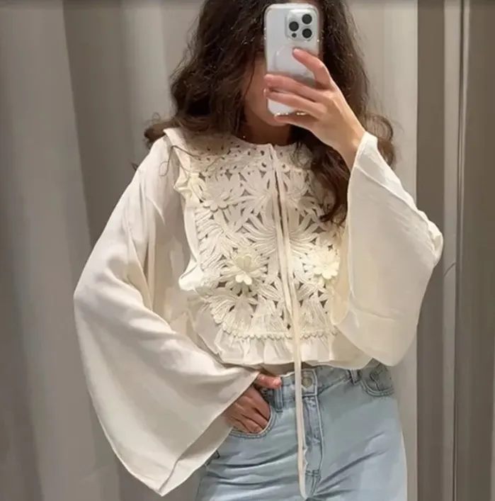 Hollow Embroidered Bell Sleeve Shirt Skirt Outfit - Bell Sleeve Top