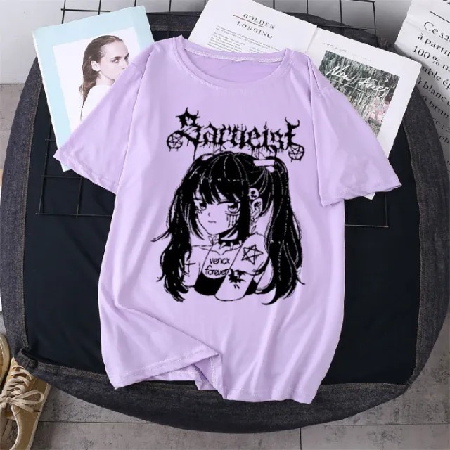 T shirt Female Flab Hiding Short Sleeve Girlfriends Clothes Sweet Cool Girl Wear New Fashion Tops Violet M - Shop at LoveMi