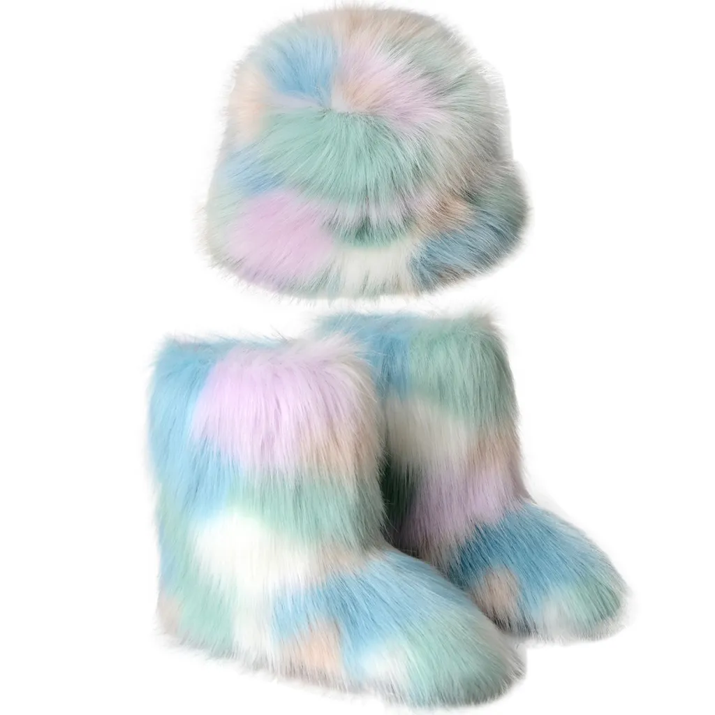 Warm Plush Boots Color Fur Bucket Hat - Color 5 Suit-38