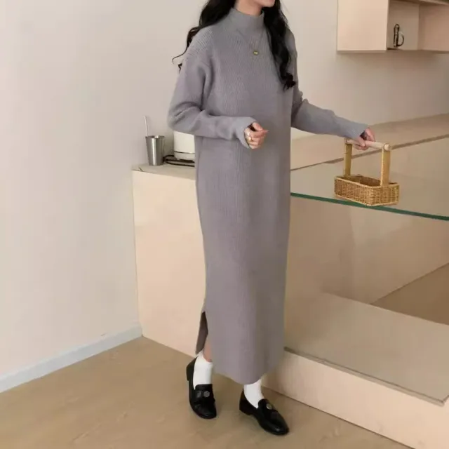 Half Turtleneck Base Knitting Dress Overknee Long Gray - Shop at LoveMi