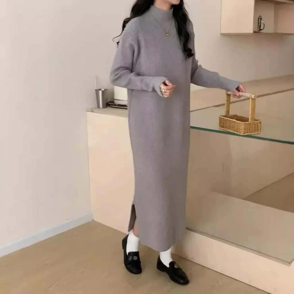 Half Turtleneck Base Knitting Dress Overknee Long - Gray