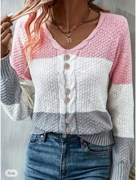 Title 1, V-neck Long Sleeve Fake Button Colored Pullover...