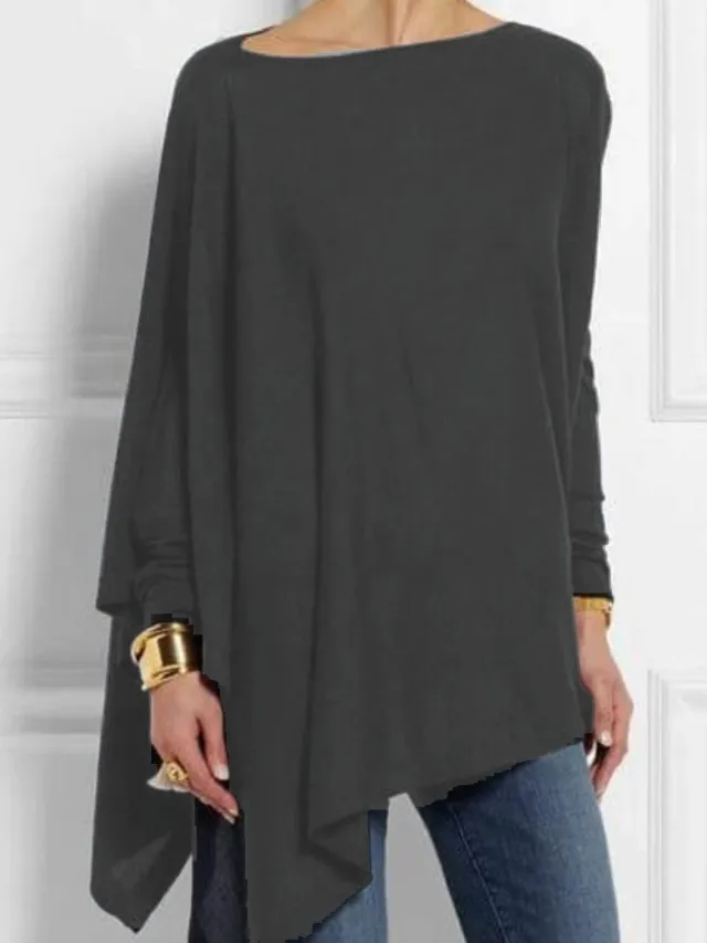 Women's Long Sleeve Irregular Solid Color Pullover T Shirt Tops Gray - Shop at LoveMi