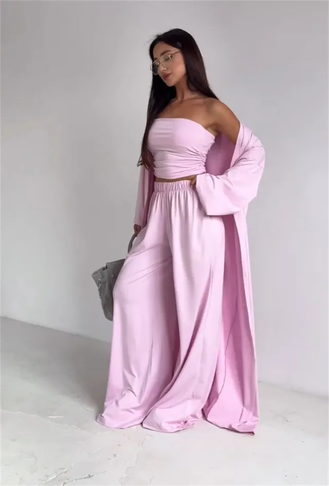 Casual Loose Cardigan Straight leg Pants Tube Top Suit Pink - Shop at LoveMi