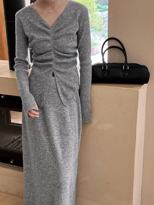 Fall V neck Slim Fit Peplum Top Knitted Skirt Suit Gray - Shop at LoveMi