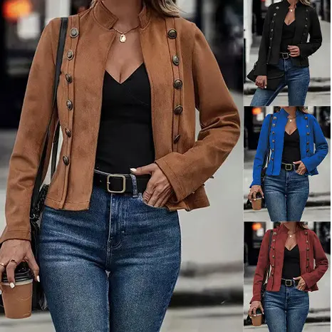 Double-row Metal Buckle Deerskin Velvet Retro Long-sleeved