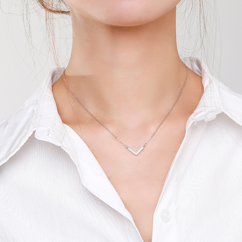 S925 Sterling Silver V-shaped Necklace Women's Full Diamond Simple
