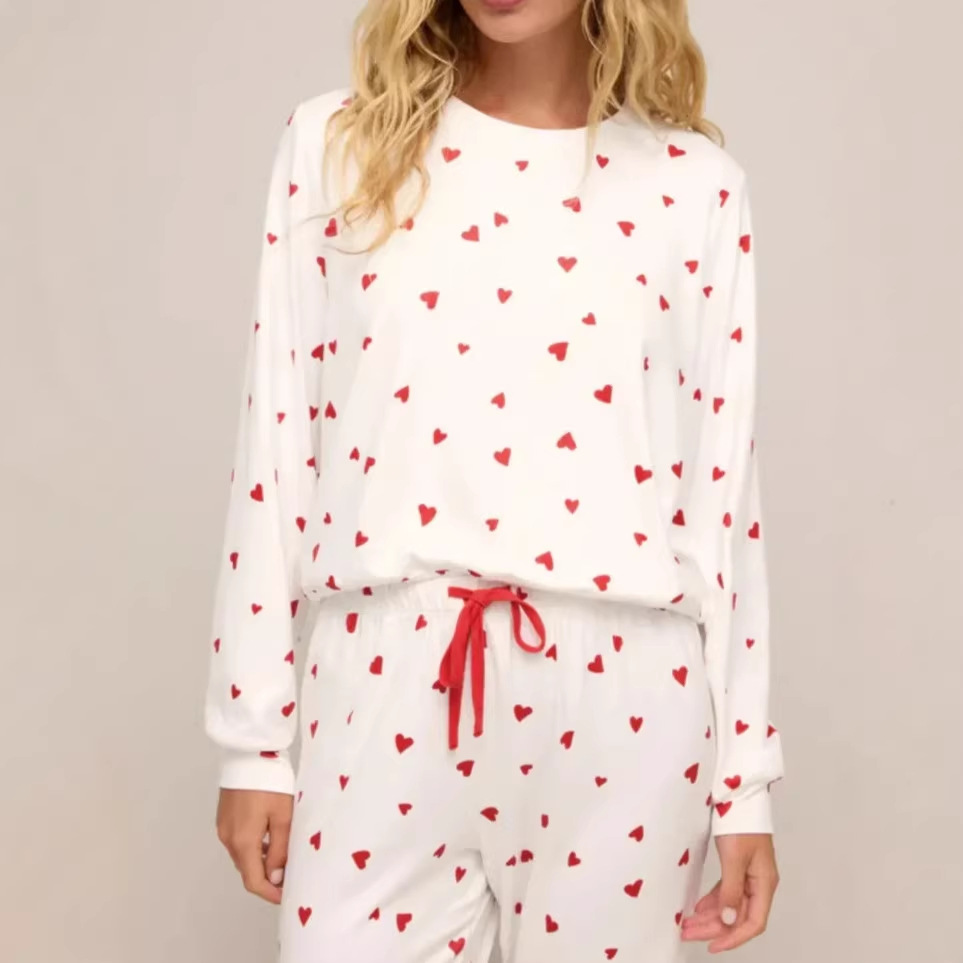 Heart-print Lace-up Pajama Set With Long Sleeves And Long Pants For Loungewear