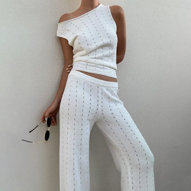 Sleeveless Tank Top And Casual Pants Knitted Womens Set Tan - Shop at LoveMi