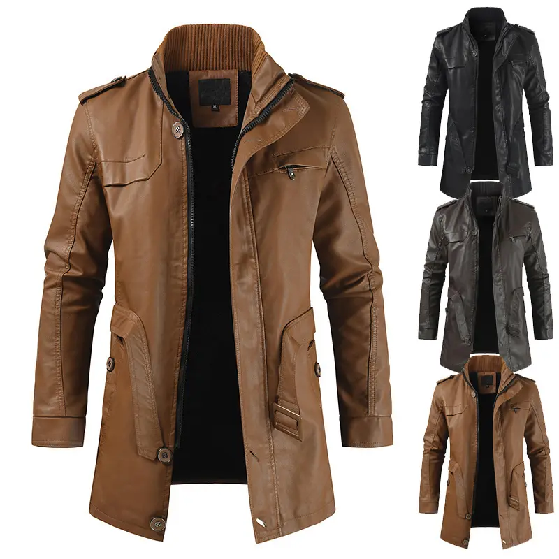 Men's Mid-length Fleece-lined Casual Stand Collar Leather